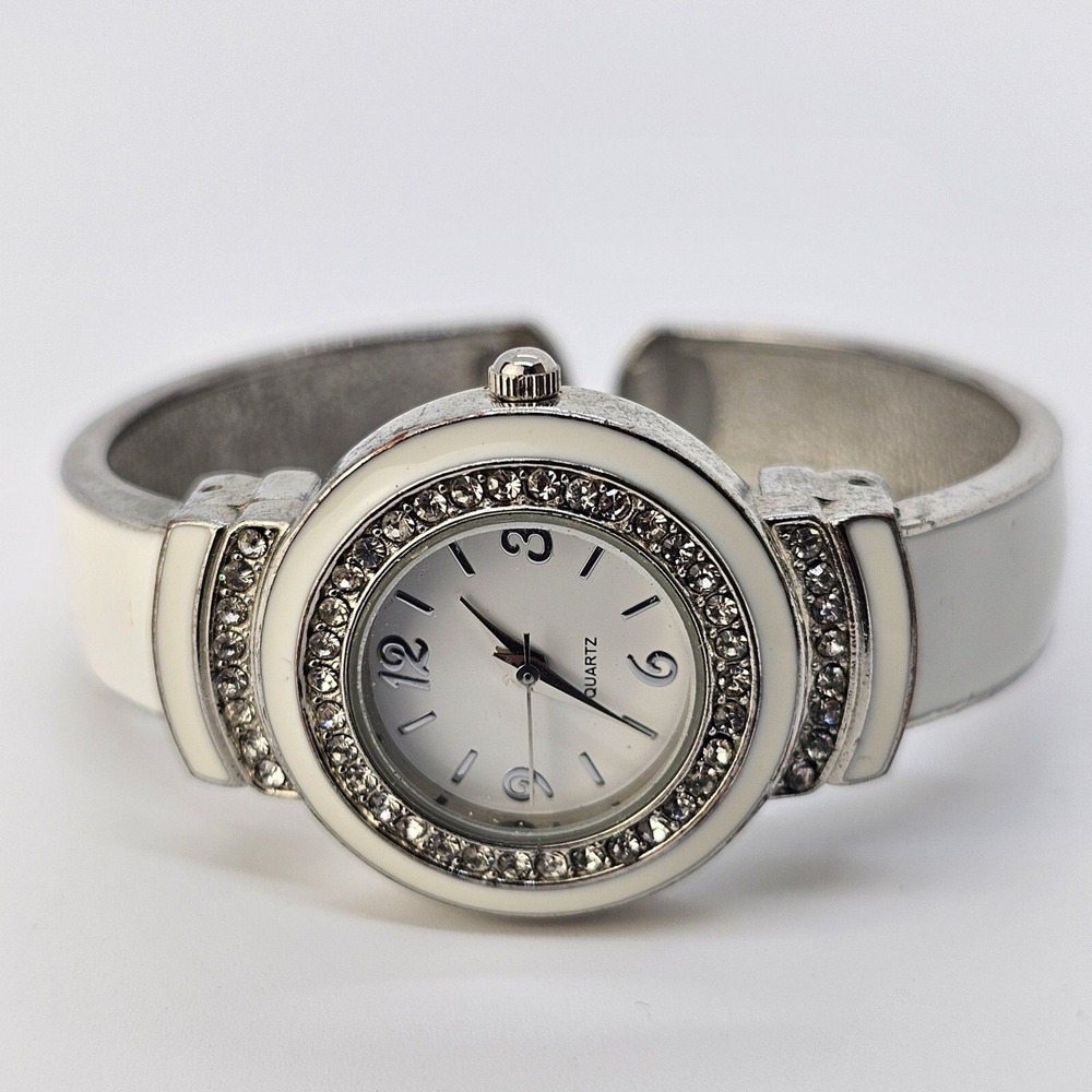Women's Open Cuff Bangle Watch 27MM White Dial White Gray Bands 5.5" New Battery